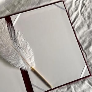 Op de afbeelding: Een open boek met bordeauxrode randen en witte pagina's, geaccentueerd met witte hoekhouders van lint. Een witte ganzenveerpen met een goudkleurige metalen punt ligt op de open pagina's, wat wijst op een thema van schrijven of documentatie.