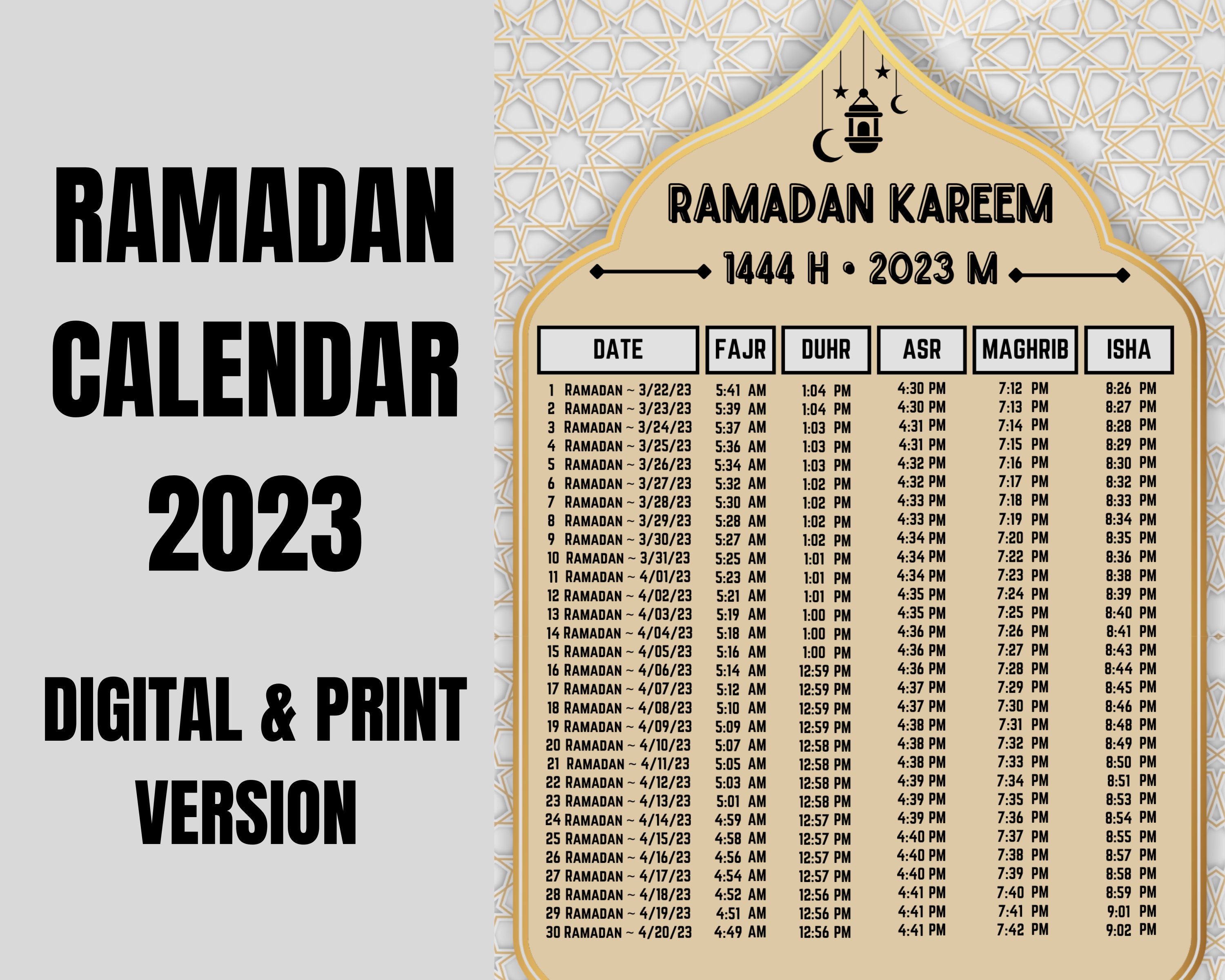 Ramadan Calendar 2023 Personalized Prayer Time Calendar - Etsy
