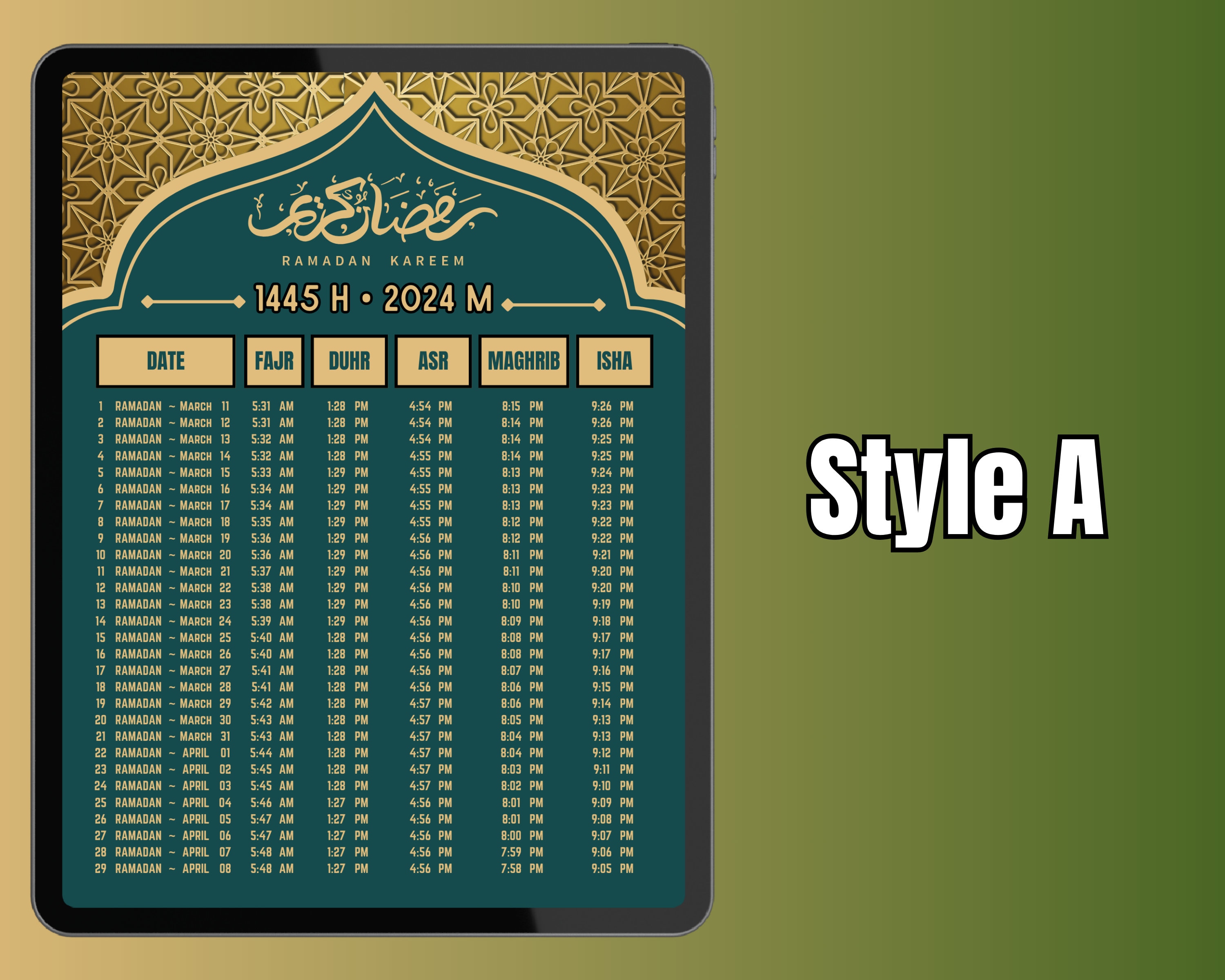 Ramadan Kalender 2024 Personalisierter Gebetszeitkalender Gebetskalender Gedruckter Kalender