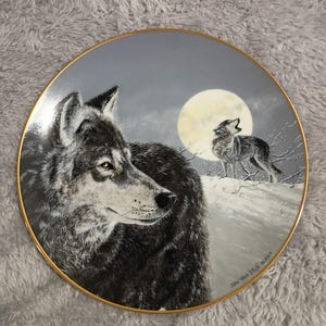 May include: Decorative plate featuring a detailed illustration of two wolves under a full moon in a snowy landscape. The plate has a gold rim and the artist's signature, Jon Van Zile Alaska, is visible.