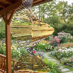 Op de afbeelding: Een goudkleurige, spiraalvormige windspinner die aan een houten veranda hangt. De windspinner heeft een reeks horizontale, reflecterende bladen. De achtergrond toont een tuin met kleurrijke bloemen.