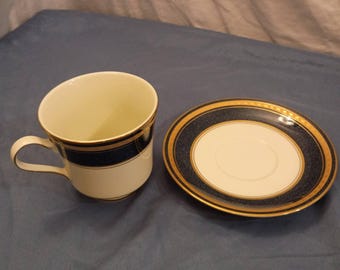 Vintage Mikasa Grand Tier kop en schotel set | Kobaltblauw goud filigraan porseleinen porselein