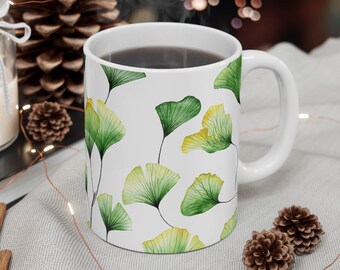 Green Gingko Leaf 11oz White Glossy Mug - Elegant Nature-Inspired Drinkware