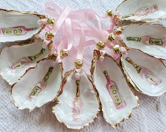 Oyster Shell Napkin Rings: Pink Champagne Bottle, Gold Trim, Set of 4