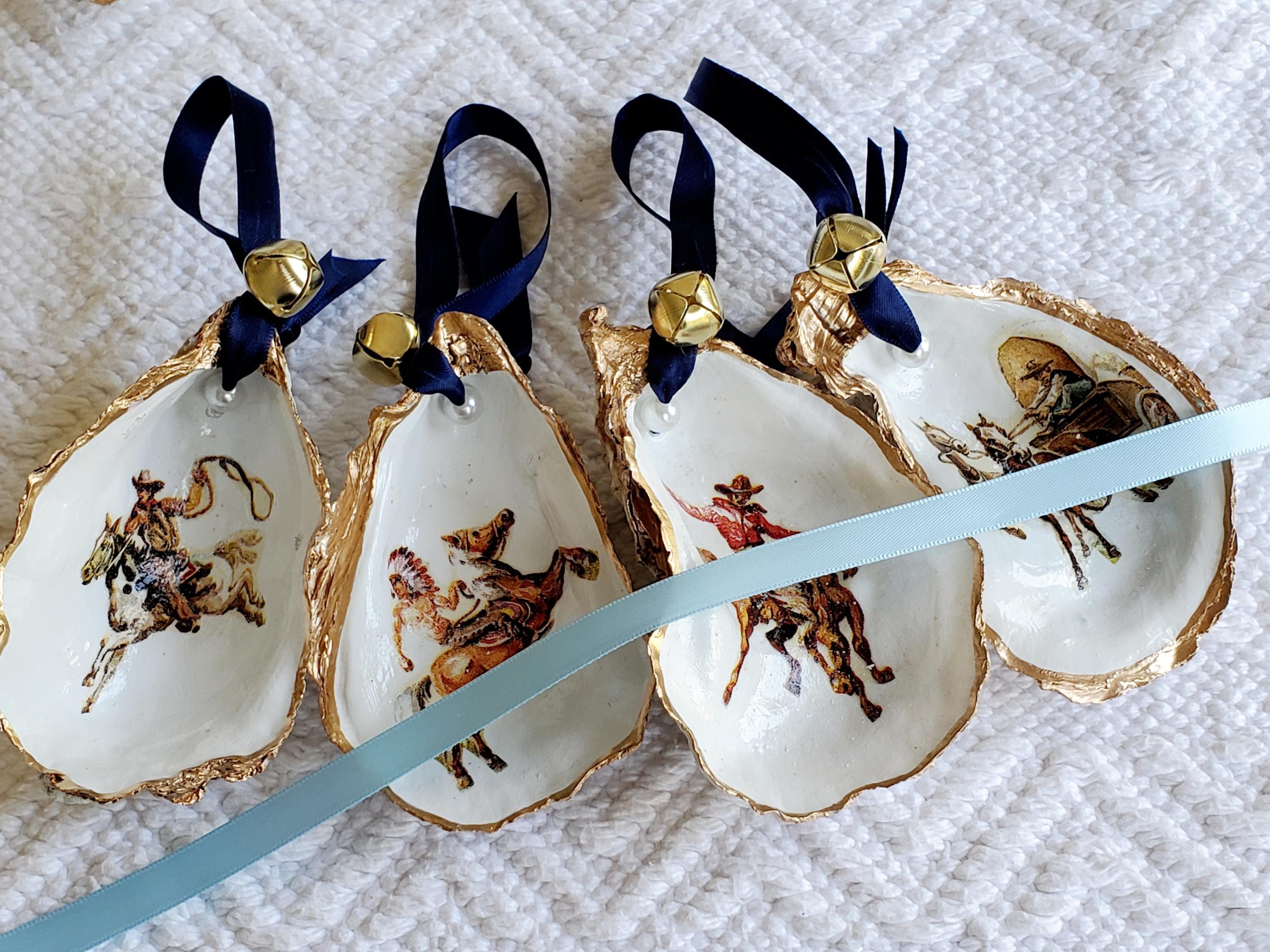 Cowboy Oyster Shell Ornaments: Western Party Favors, Christmas Decor - Set of 4