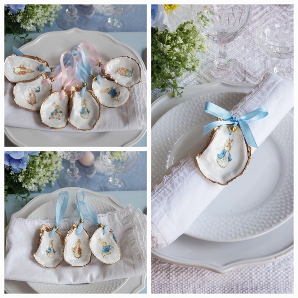 Set of 6 Peter rabbit Easter ornaments, Peter rabbit Napkin rings, Beatrix Potter oyster ornaments, Spring napkin rings, Easter basket tag