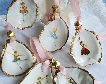 Ballerina Oyster Shell Christmas Ornaments - Set of 6 - Gold Leaf Trim
