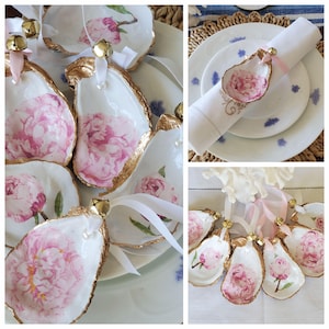 Peony Oyster Shell Napkin Rings /ornaments- Gold Trim, Set of 6, wedding guest favor, Rehearsal dinner guest favors, brides maids gifts
