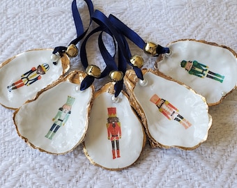 Nutcracker Oyster Shell Christmas Ornaments - Gold Leaf Trim, Set of 5