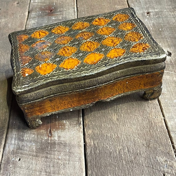 Vintage Toleware Painted Wooden Jewelry Box Orange and Gold Red Velvet Interior - Tabletop Trinket Box