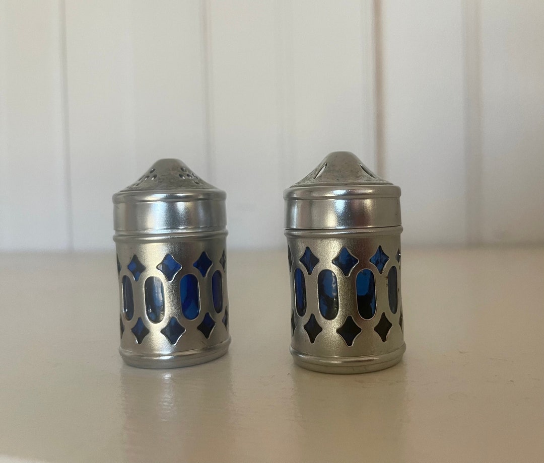Salt & Pepper Shaker Set Vintage Cobalt Blue Glass Inserts Etsy