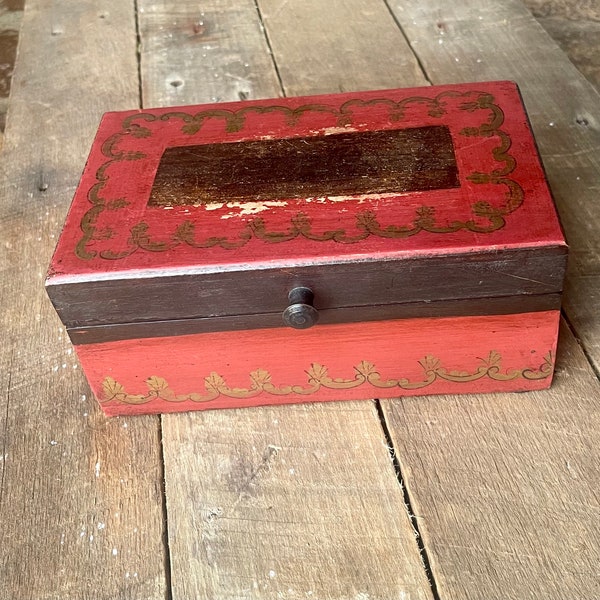 Heavy Wooden Tole Painted Jewelry Box with Lid - Red and Gold accents