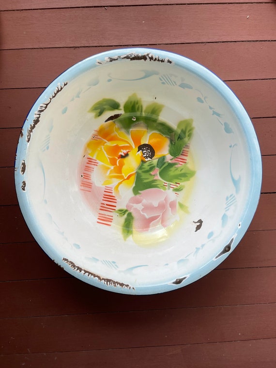 Oversized Enamel Wash Bowl by Butterfly Brand Vibrant Hand-painted Flowers  