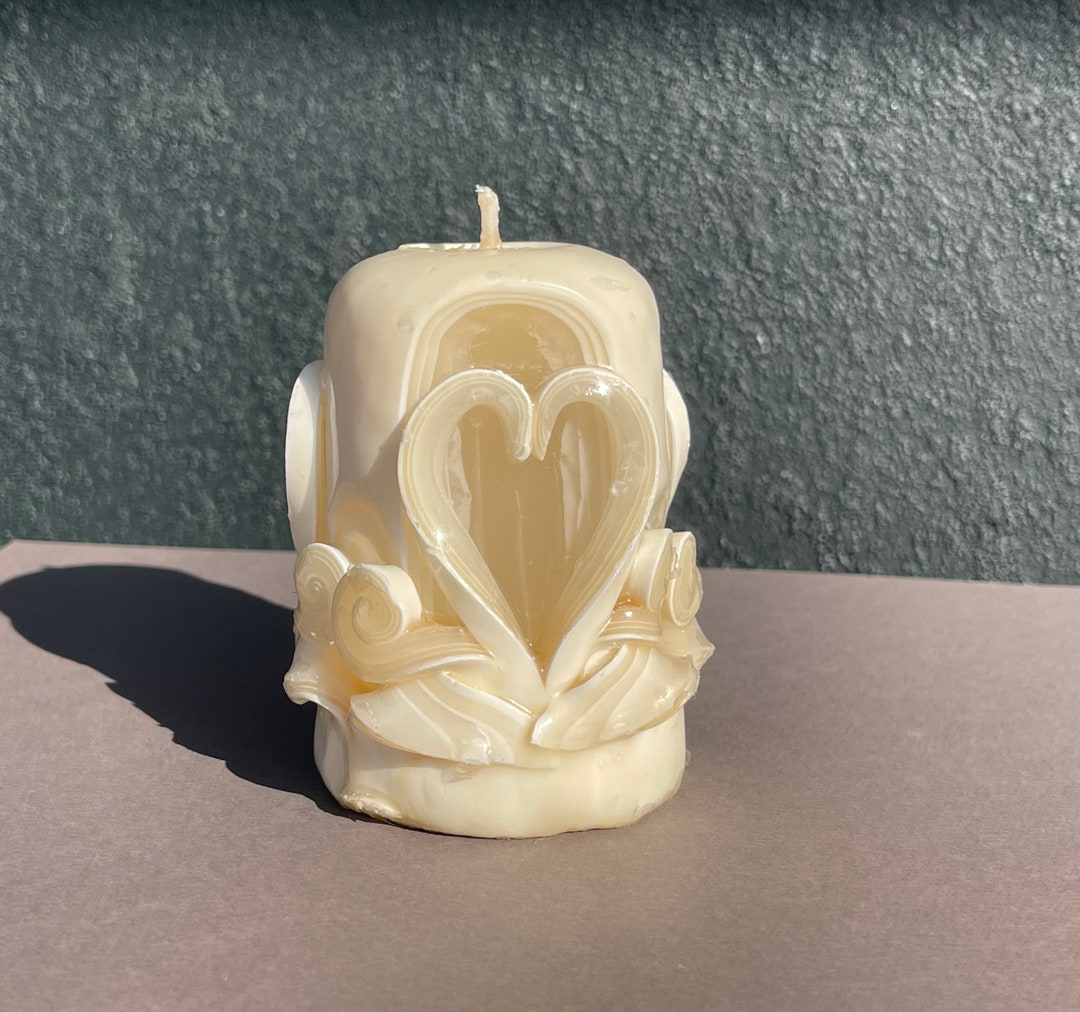 Carved Ribbon Pillar Candle With Heart Motif 4.5 Tall Etsy