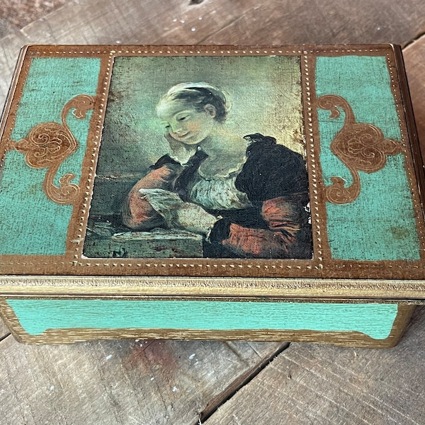 70s Toleware Painted Wooden Jewelry Box - Green and Gold Depicting Lady Reading