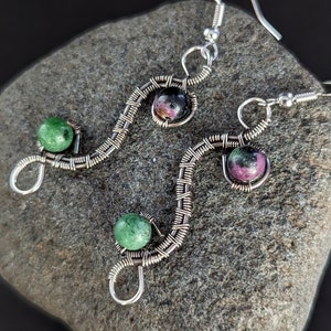 Ruby Zoisite Earrings. Oxidized silver.