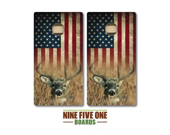 Deer Over Flag 2 Cornhole Board Set