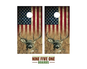 Deer Under Flag 2 Photo Cornhole Board Vinyl Wrap Cornhole Boards Decals Cornhole Boards Decks Cornhole Board Sticker Cornhole Board Skin
