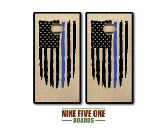 Thin Blue Line Over Wood White Cornhole Board Set