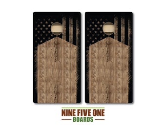 Rustic Flag Over Wood Cornhole Board Set