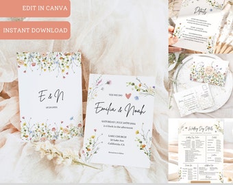 Wedding Invitation Suite Template Editable Wildflower Wedding Invite Card Set Boho Wedding Ceremony Stationary Wildflower Invitation Set