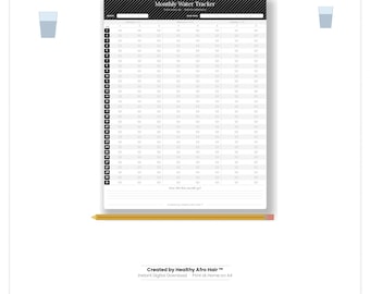 Planilha Mensal de Controle de Hidratação para Imprimir | Desafio de Hidratação de 31 Dias | A4 | Preto e Branco | Download Digital em PDF