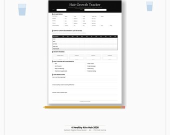 Planilha de Acompanhamento do Crescimento Capilar para Imprimir | Rastreador de Comprimento de Cabelo Natural | A4 | Preto e Branco | Download Digital em PDF