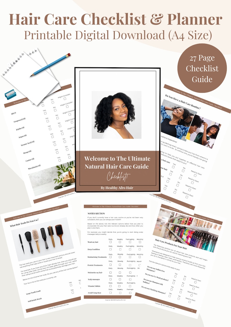 Pode incluir: Uma lista de verifica&ccedil;&atilde;o e um planejador de cuidados com cabelo natural para download digital. A lista de verifica&ccedil;&atilde;o tem 27 p&aacute;ginas e inclui uma mensagem de boas-vindas, uma se&ccedil;&atilde;o de notas e uma se&ccedil;&atilde;o sobre produtos para cuidados com cabelo. A lista de verifica&ccedil;&atilde;o foi projetada para ajudar as pessoas a criar uma rotina de cuidados com cabelo e acompanhar seu progresso.
