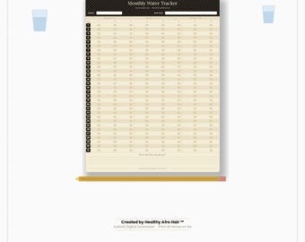 Planilha Mensal de Controle de Hidratação para Imprimir | Desafio de Hidratação de 31 Dias | A4 | Bege e Preto | Download Digital em PDF