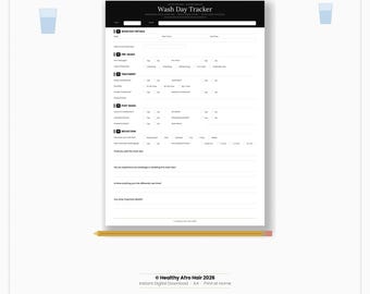Planilha de Acompanhamento de Lavagem para Cabelos Naturais | Registro de Lavagem para Cabelos Naturais | A4 | Preto e Branco | Download Digital em PDF