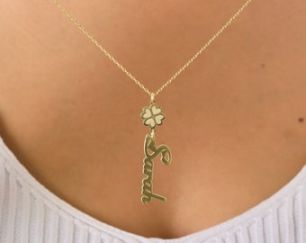 Four Clover Vertical Name Necklace, Custom Name Charm, Vertical Minimalist Name Jewelry, Good Luck Name Necklace, Christmas Gift for Her