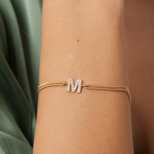 Pulsera con letras iniciales Pave - Plata de ley 925K - Pulsera inicial con cadena atrevida - Regalo para novia - Pulsera atrevida de verano
