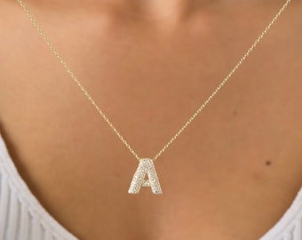 3D Bubble Initial Necklace, Letter A-Z Pendant, Bubble Letter Necklace, CZ Initial Necklace, Initial Jewelry, Christmas Gift for Her