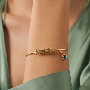 Blue Eye Name Cuff Bracelet - Custom Bracelets - Name Jewelry - Birthday Gift for Her - Christmas Gift - Anniversary Gifts - Wife Gifts
