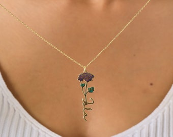 Morning Glory - September Birth Flower Necklace - Birth Month Flower - Vertical Name - Custom Birth Flower Necklace - Valentine's Day Gift