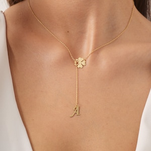 Collar de lazo con trébol inicial - Chapado en oro de 14 quilates - Joyas de la suerte - Plata de ley de 925 quilates - Regalo para madre - Colgante irlandés - Trébol y letra