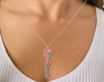 June Birth Flower Necklace - Rose Floral Necklace - Birth Flower Necklace with Name -  Name Necklace with Birth Flower Valentine's Day Gift