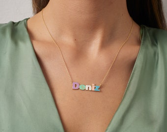 Colorful Name Necklace, Enamel Name Necklace, Dainty Name Jewelry, Colorful Necklace, Enamel Necklace, Multi Color Name Necklace