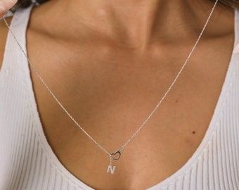 Personalized Initial Heart Necklace, Open Heart Necklace with Letter, Sterling Silver Dangling Letter Pendant, Perfect Christmas Gift