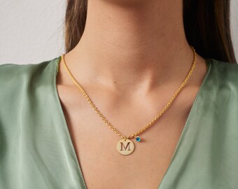 14K Gold Round Letter Initial Necklace with Evil Eye, Womens Rope Chain Necklace with Initial, Evil Eye Letter Initial Necklace