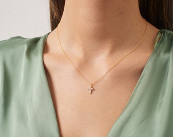Minimal Cross Necklace with Zircon Stone, Cross Silver Necklace, Christian Jewelry, Cross Pendant, Catholic Cross, Minimalist Necklace