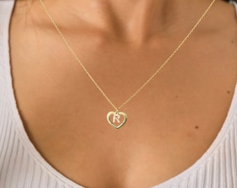 Personalized Initial Heart Necklace - 14K Gold Dangling Letter Pendant - Open Heart Necklace with Initial - Valentine's Day - Gift for Her