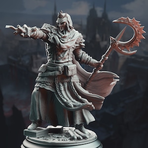 May include: A gray painted miniature figurine of a cloaked figure holding a crescent-shaped staff. The figure is wearing a crown and a long robe with intricate details. The figure is standing on a circular base with a book and scrolls.