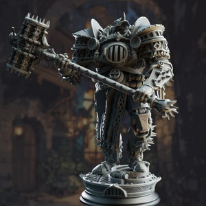 May include: A detailed miniature of a heavily armored warrior holding a spiked hammer. The figure is made of gray plastic and stands on a circular base.