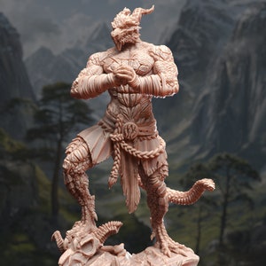 May include: A detailed figurine of a humanoid dragon with a reptilian body, wearing a loincloth and a braided rope belt. The dragon is standing with its arms crossed in front of its chest, and its tail is curled behind it. The figurine is made of a light brown material and is set against a backdrop of mountains.