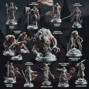 May include: A collection of detailed fantasy miniatures, including a knight with an axe, a cleric with a staff, and a monstrous abomination. Each figure is on a circular base, showcasing intricate designs and textures. The image features various characters with weapons and armor.