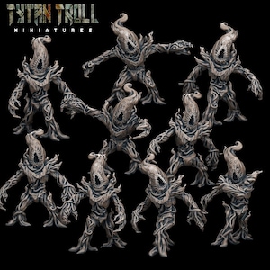May include: A set of nine detailed, gray, resin miniature figures of humanoid creatures with tentacle-like heads and bodies. The figures are posed in various dynamic stances, suggesting movement and action. The figures are from the company "Titan Troll Miniatures".
