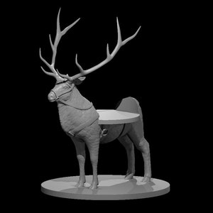 May include: A gray, 3D printed model of a reindeer with a saddle on its back. The reindeer is standing on a circular base.
