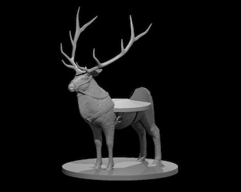 May include: A gray, 3D printed model of a reindeer with a saddle on its back. The reindeer is standing on a circular base.
