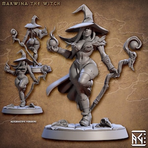 May include: A gray, detailed miniature figurine of a witch wearing a pointed hat and holding a staff with a sphere on top. The witch is standing on a round base with a skull design. The text "MARWINA THE WITCH" is at the top of the image. The text "ALTERNATIVE VERSION!" is at the bottom of the image.